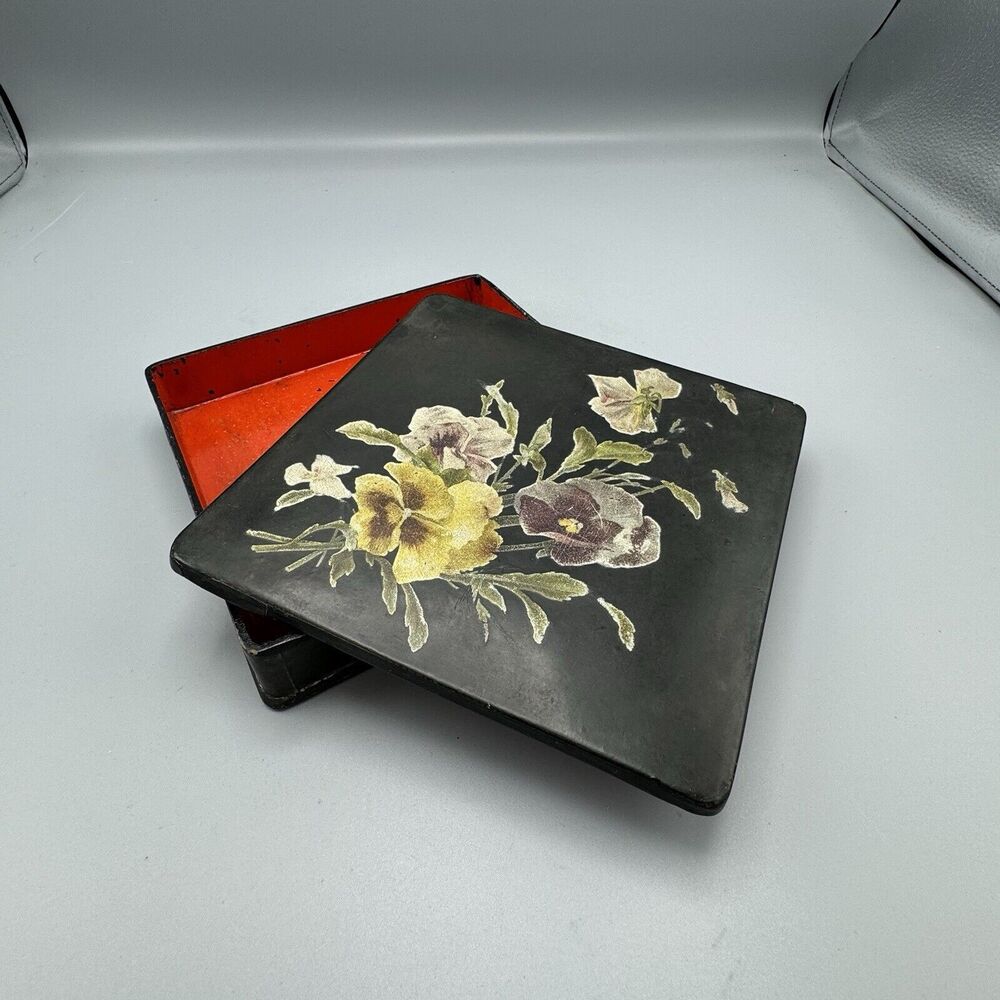 Antique Victorian Hand Painted Lacquered Papier Mache Square Box with Pansies